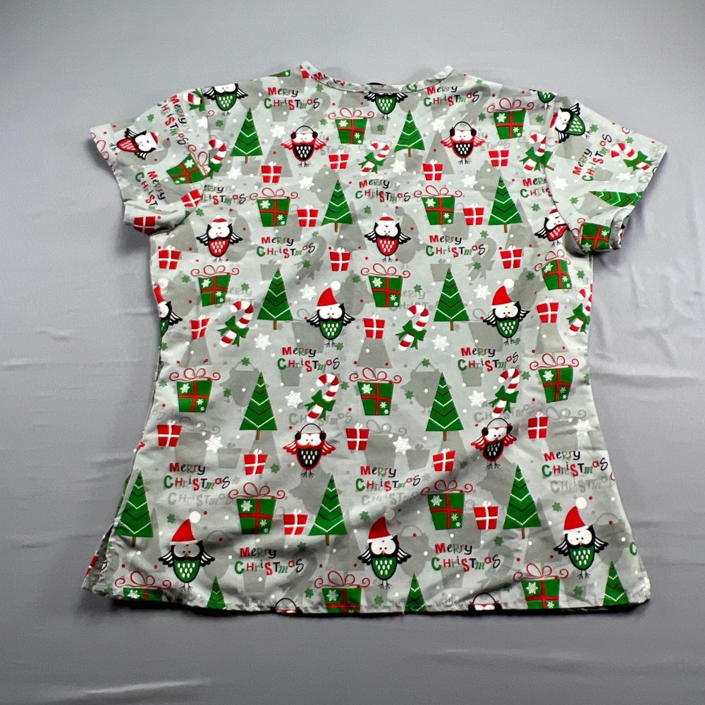 Serene Uniforms Scrub Top Womens Large Gray Christmas Trees & Owls Print Medical - Picture 2 of 10
